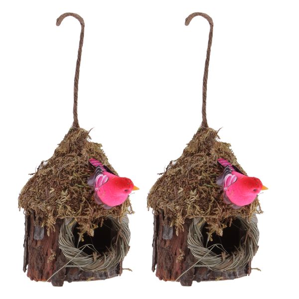 

2pcs handmade woven straw bird nest cage with artificial bird, birdhouse for parrot pigeon swallow small pets