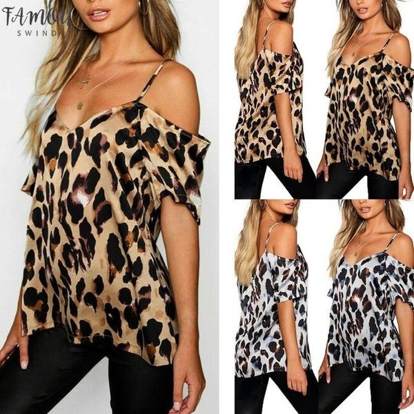 

2020 fashion women plus size summer tshirt leopard print cold shoulder leopard t shirt women clothes s 5xl, White
