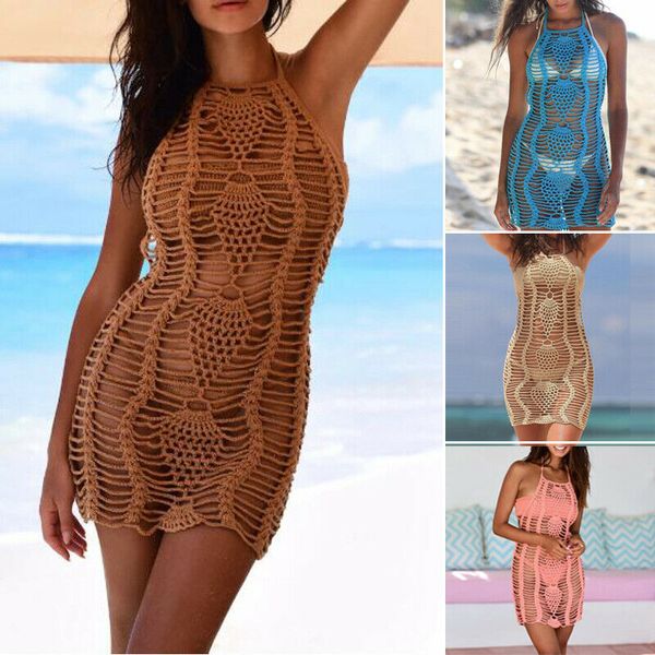 

cover-ups women halter dress beach bikini cover-up swimming crochet bandage backless beachwear solid color sundress
