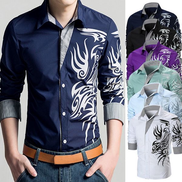 

nibesser men's long-sleeved dress shirt men dragons printed business social casual shirt slim fit large size chemise home, White;black