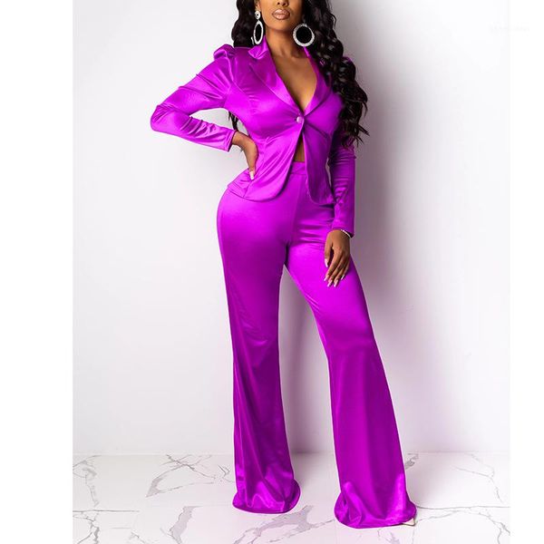 

tracksuits women solid color 2 piece wide leg pants button v neck long sleeved suit jackets fashion women tracksuits slim designer, White