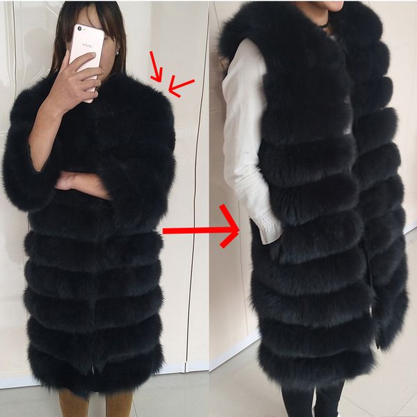 

real fur coat vest natural long suede knee shoulder natural real fur jacket jacket women's winter warm coats, Black