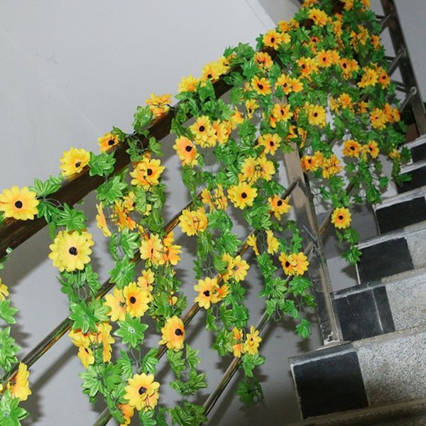 

2.6m artificial sunflower wreath silk fake flower ivy leaf plant home decoration flower wall wreath 6 packs