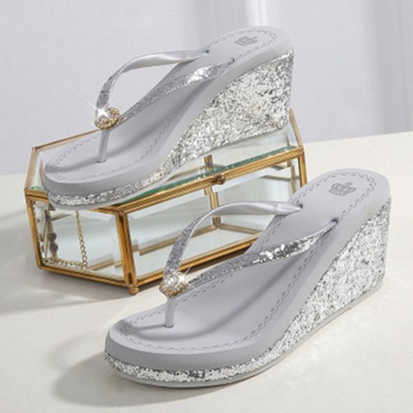

2019 new ladies sandals and slippers summer sequins with diamonds wedges non-slip beach flip flops high heel, Black