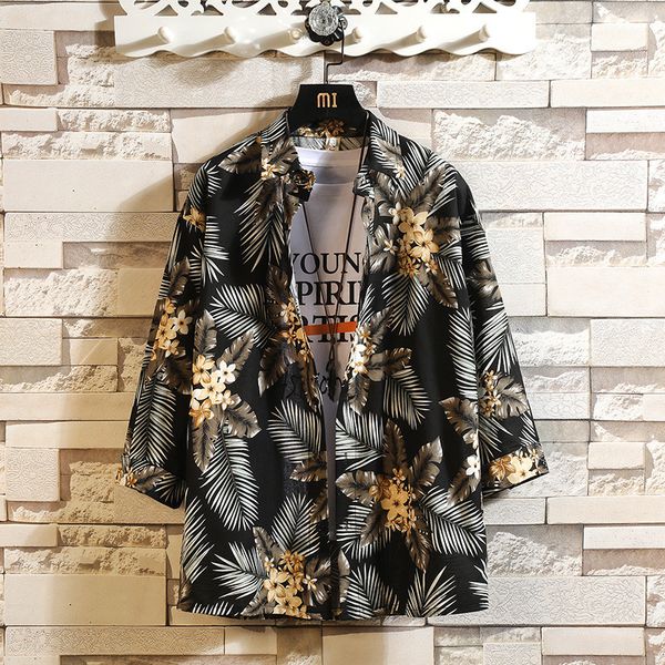 

#0186 summer hawaiian shirt men short sleeves flower print casual mens shirts big size 5xl mens clothing fashion shirt for man, White;black