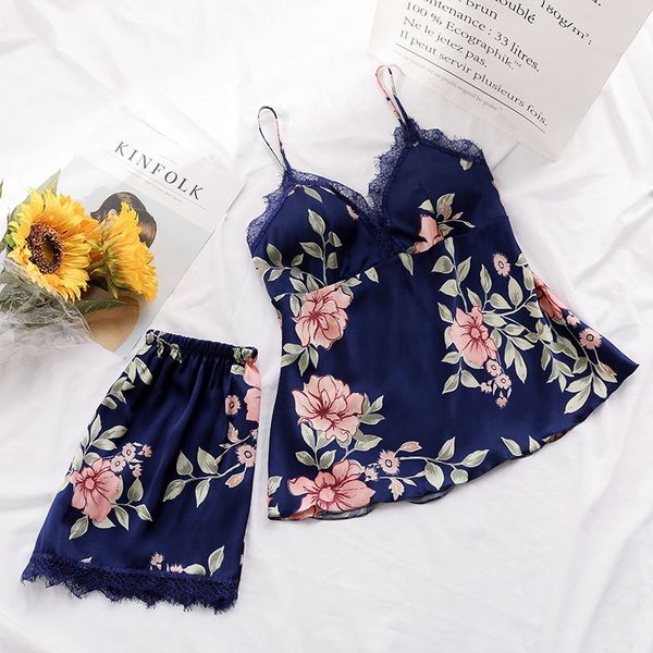 

women summer pyjama fashion flower pajamas women sleep lounge pajama set, Blue;gray