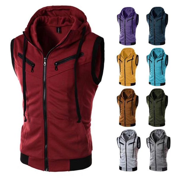 

men sleeveless vest fashion summer casual hooded pure color t-shirt short sleeve blouse pgraph waistcoat plus size, Black;white