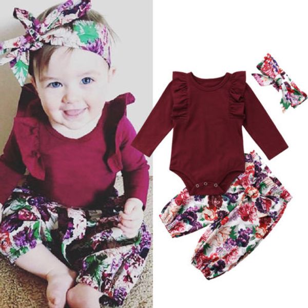 

3pcs baby girls flying sleeves bodysuit + floral lace-up pants + headwear set tracksiut, Black;blue