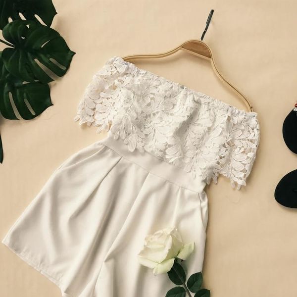 

women ladies summer off shoulder playsuits fashion long sleeve lace patchwork hollow playsuits, Black;white