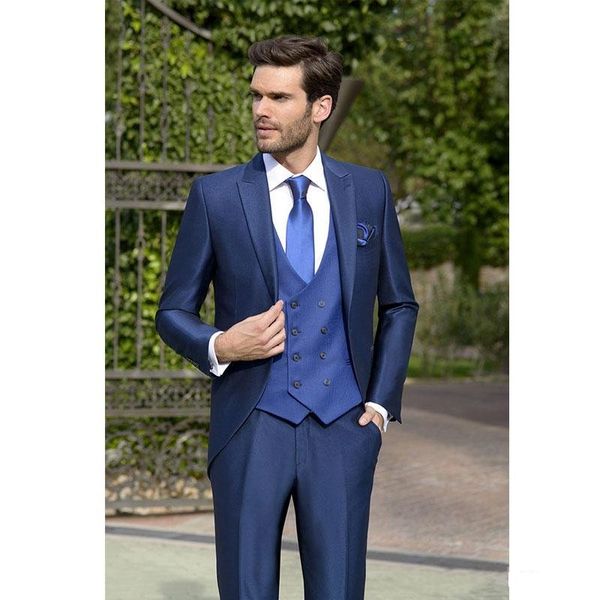 Heißer Verkauf One Button Blau Hochzeit Bräutigam Smoking spitze Revers Trauzeugen Männer Anzüge Prom Blazer (Jacke + Hose + Weste + Krawatte) Nr.: 1990