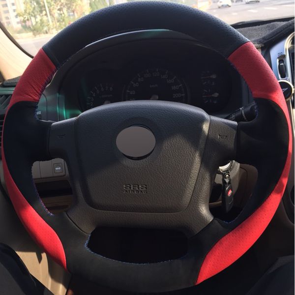 

black red genuine leather black suede diy hand-stitched car steering wheel cover for kia cerato 2005-2012