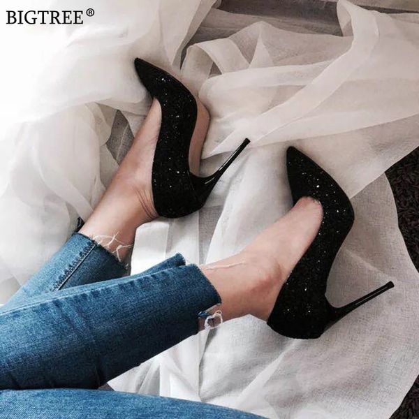 

bigtree shoes women high heels wedding pumps female bling paillette pointed party shoe 2020 summer heels zapatos de mujer, Black