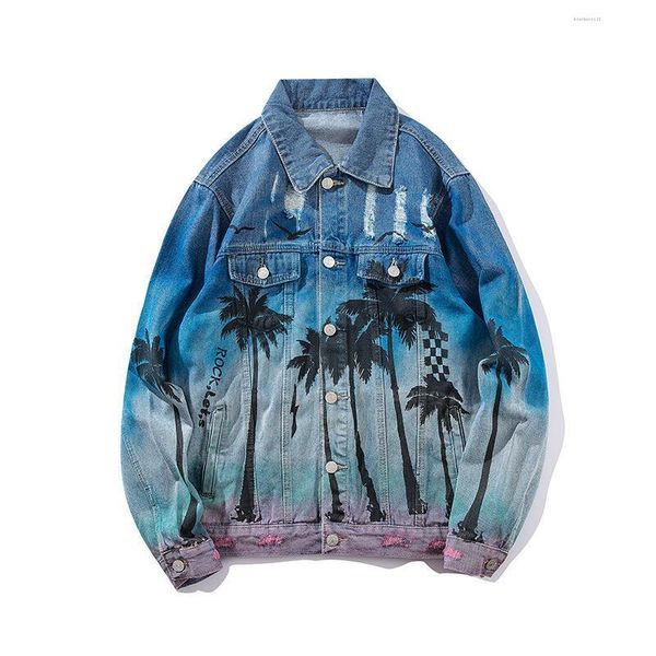 

coconut tree printing denim bomber jacket mens denim jacket high street loose hip hop hole asian size, Black;brown