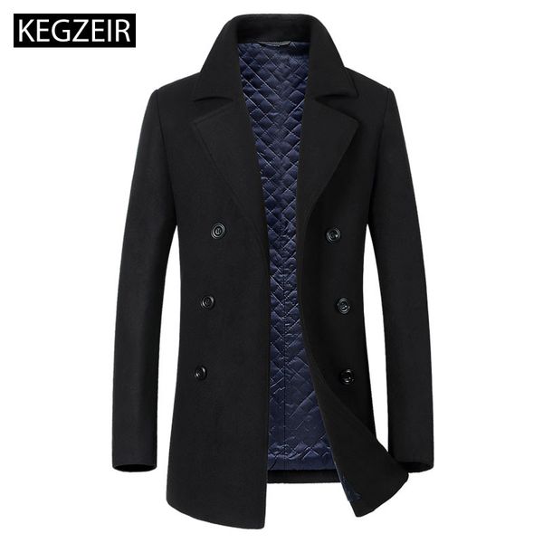 

kegzeir 2019 winter jacket men wool double breasted woolen mens coats and jackets casual mens peacoat erkek kaban high quality, Black