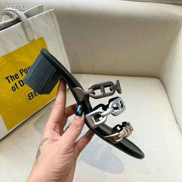 

origin package 2020new metalic silver chunky heels luxury women designer sandals designer slides size 35 to 42, Black