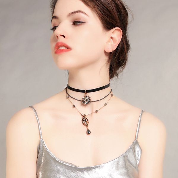 

huanzhi 2019 new multilayer leather star drop pendant crystal ladies star fashion simple metal round necklace, Silver