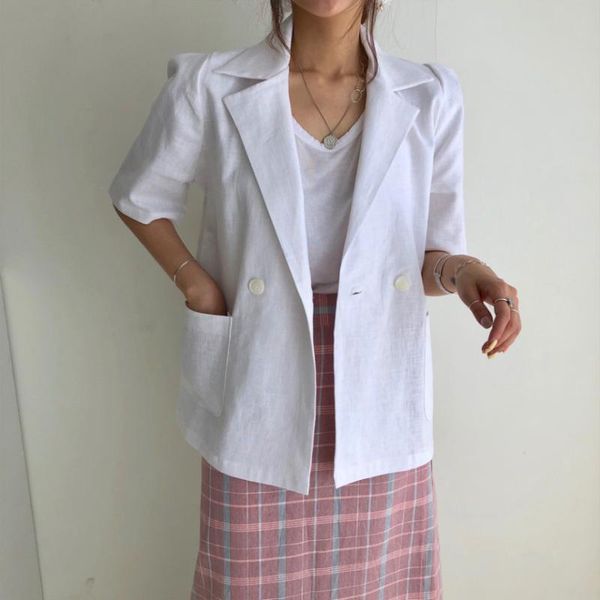 

women blazers korean style solid summer simple lapel two buttons loose solid pocket leisure shirt suit coat female, White;black