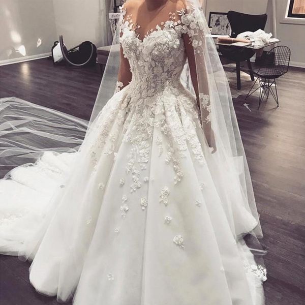 

elegant 3d princess wedding dresses sheer long sleeves lace appliques a line dress formal bridal gown with sweep train vestido de noiva 2020, White