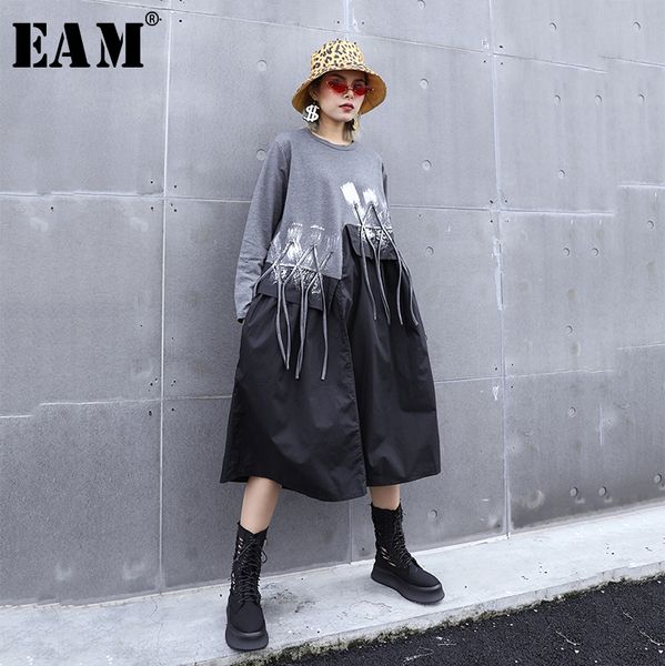 

eam] women tassels asymmetrical contrast color dress new round neck long sleeve loose fit fashion spring autumn 2020 1a048, Black;gray