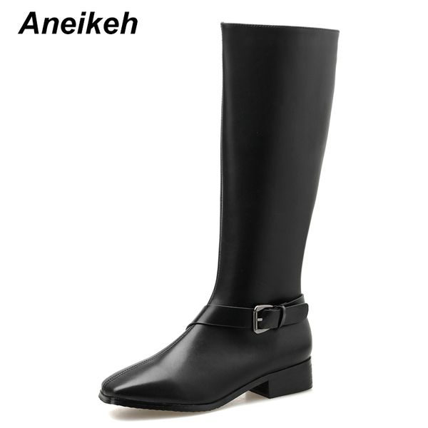 

aneikeh autumn winter fashion knee high motorcycle boots shoes woman pu leather square heel shoes for casual low heel botas muje, Black