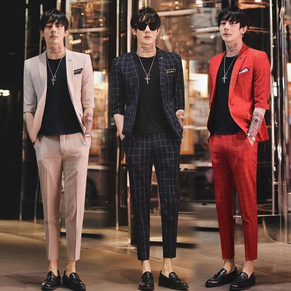 

large size korean slim men's plaid suit, middle sleeve suit, nine part pants, two-piece set, bridegroom's man, red, White;black