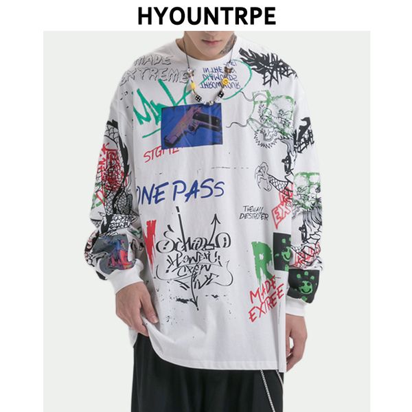 

fashion graffiti printed streetwear tshirts mens autumn loose tee harajuku o neck long sleeve hip hop skateboard t-shirt, White;black