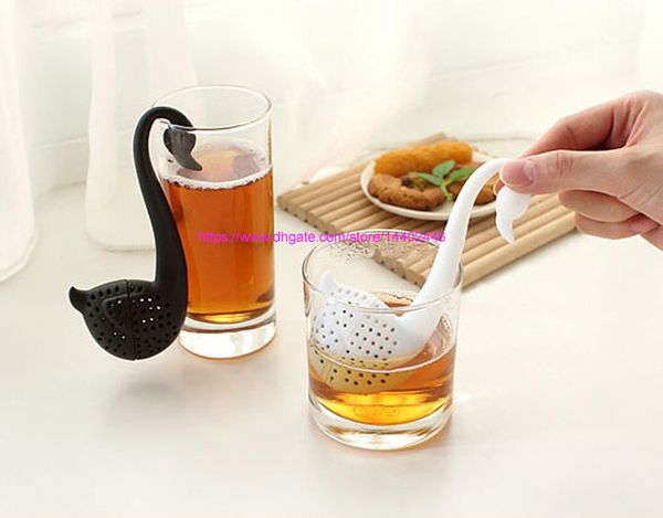 100 pezzi creativi a forma di cigno cucchiaio colino filtro da tè filtro per foglie di tè filtro per cucchiaino colore bianco nero