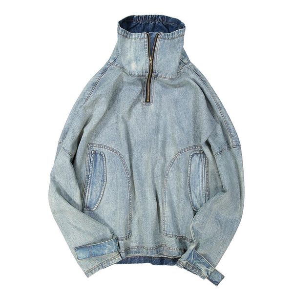 

men's oversize denim jacket fashion streetwear hip-hop bleach washing turtleneck jean jacket, Black;brown