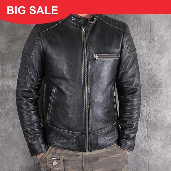 

2020 vintage black men slim fit biker's leather jacket large size 3xl genuine cowhide autumn russian motorcycle leather jacket
