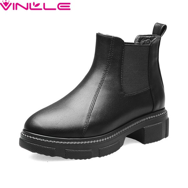 

vinlle 2019 fashion women ankle boots simple fashion square med heel round toe all match motorcycle ladies shoes size 34-39, Black
