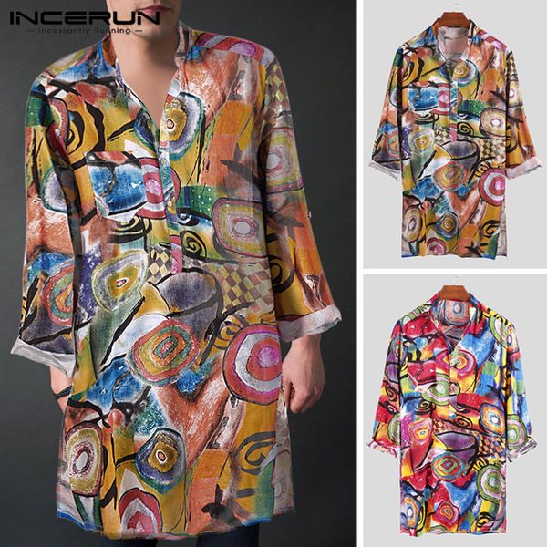 

incerun long shirt men printed fashion stand collar long sleeve cotton personality chic men shirts streetwear camisa 2019, White;black