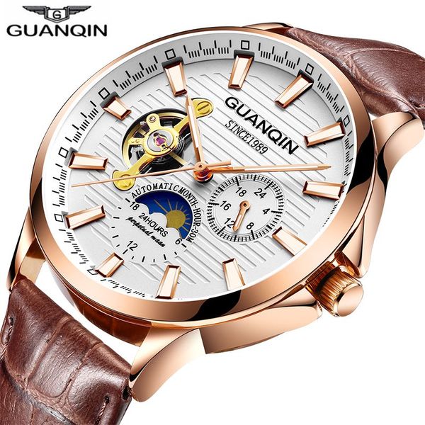 

guanqin 2018 watch men luminous clock men automatic waterproof mechanical leather rose gold skeleton business relogio masculino, Slivery;brown