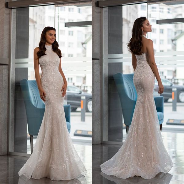 

oksana mukha wedding dresses halter neck sleeveless open back bridal gowns custom made lace appliques sweep train mermaid wedding dress, White