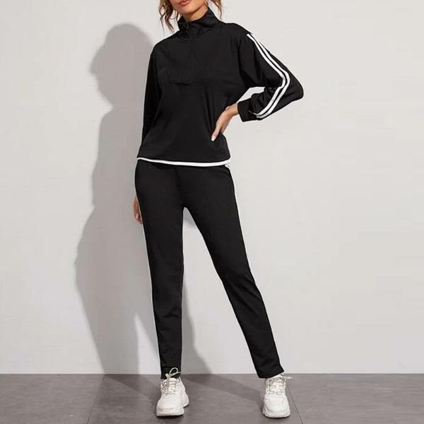 

spring women splice two piece sportwear zipper long sleeve pocket sports casual long pants set tracksuit clothing suit#g4, White;black