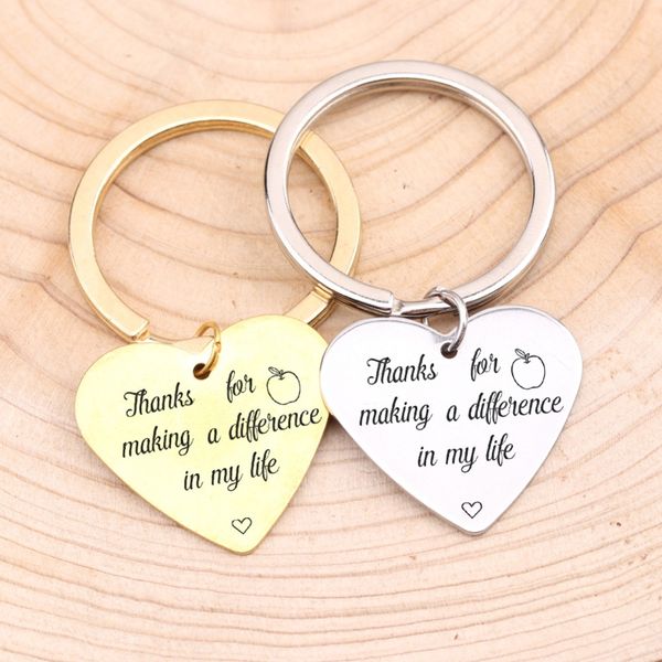 

thanks for making a difference in my life key chain heart shape keyring apple pendant teacher's day gift men women key fob, Silver