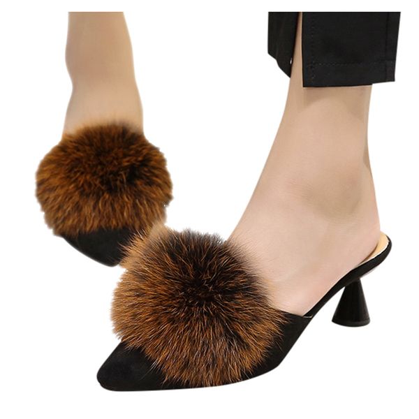 

women's fur slides slippers pointed toe thin high heel slippers fashion lazy shoes casual shoes woman klapki damskie na lato, Black