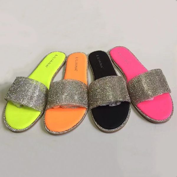 

women slippers rhinestone diamond shiny plus size flattie sandals flip flops beachwear outdoor indoor rivet flat shoes solid color 0089, Black