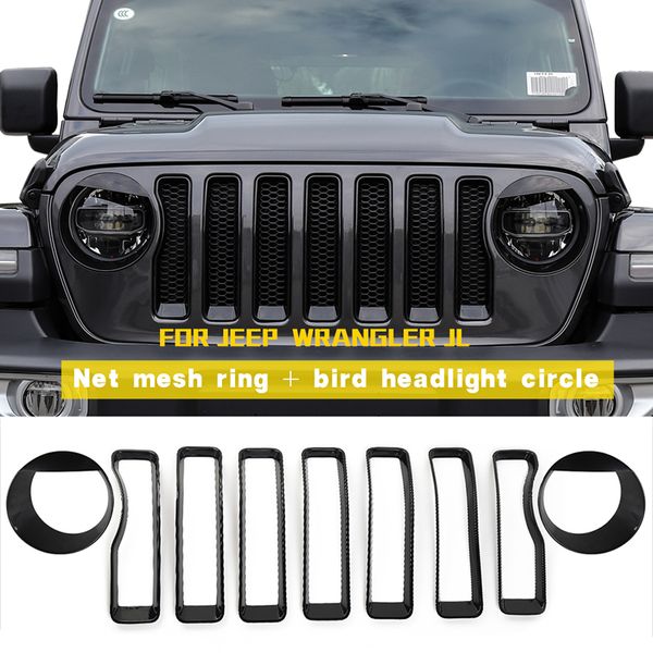 Preto Headlight Covers guarnição Grade dianteira Decoração Capa Para Jeep Wrangler JL 2018+ Esporte Acessórios para automóvel