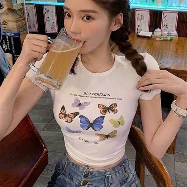 

2020 super huo ya feng navel short skirt t-shirt skirt short chic hong kong style white butterfly short-sleeved t-shirt female summer in