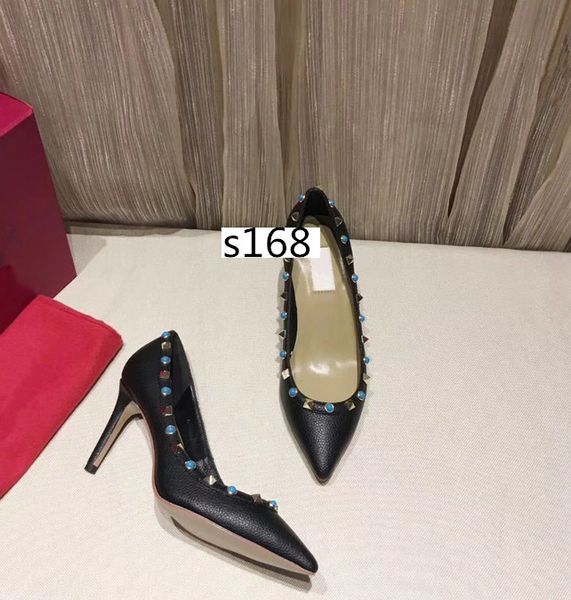

luxury black patent leather women pointed toe pumps fashion rivet stiletto heels high heels wedding dress shoes size 39