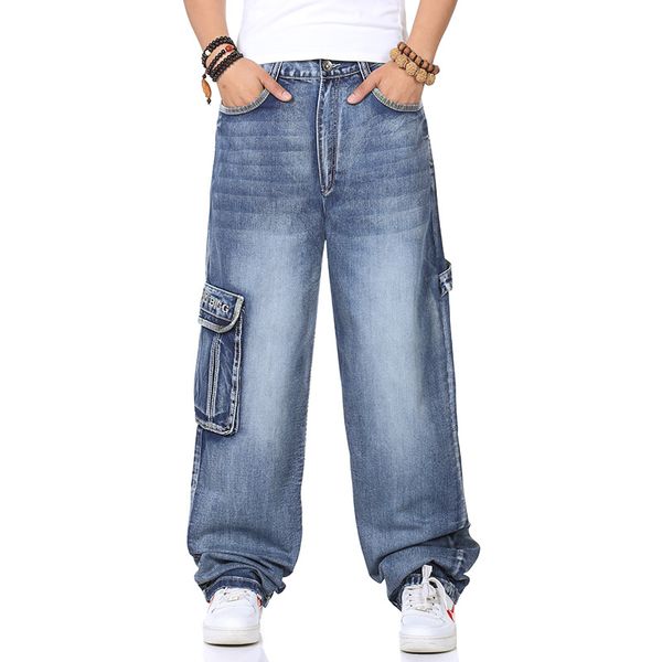 

2019 hip hop jeans men's loose straight fat plus-sized wide-leg skateboard pants trend lard-bucket pants, Blue