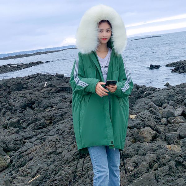 

2019 fur collar back patch designs long sleeve striped thicken warm long jacket female outerwear parkas ladies chaqueta feminino, Black