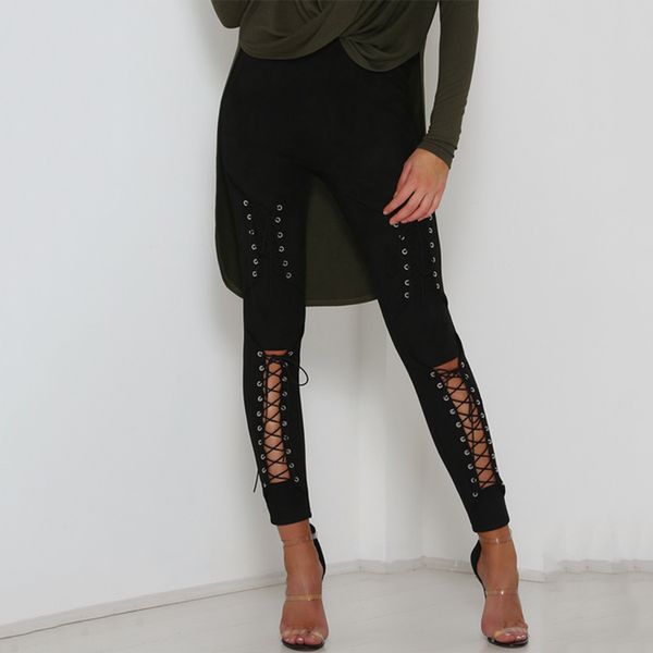 

2018 new suede leather pencil pants lace up cut out fashion trousers for women bandage legging pants lace-up women's, Black;white
