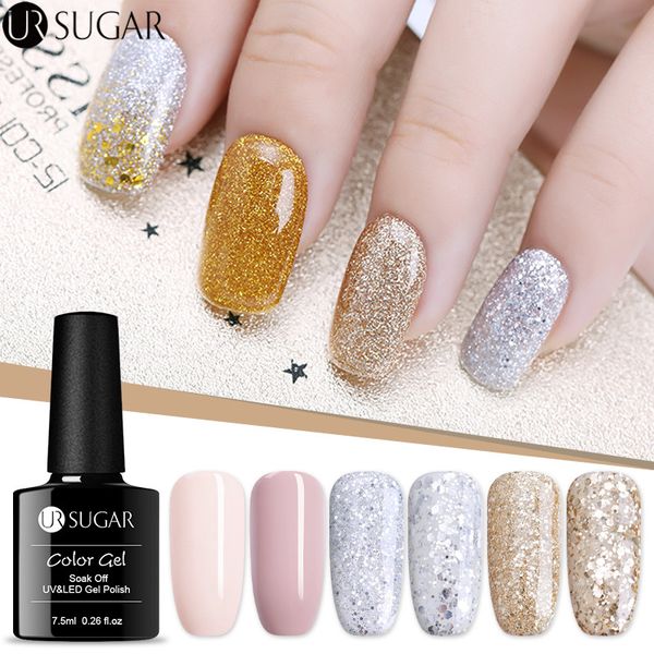 

ur sugar 7.5ml platinum glitter led gel soak off nail gel lacquer holographic shiny sequins decorations uv varnish manicure, Red;pink