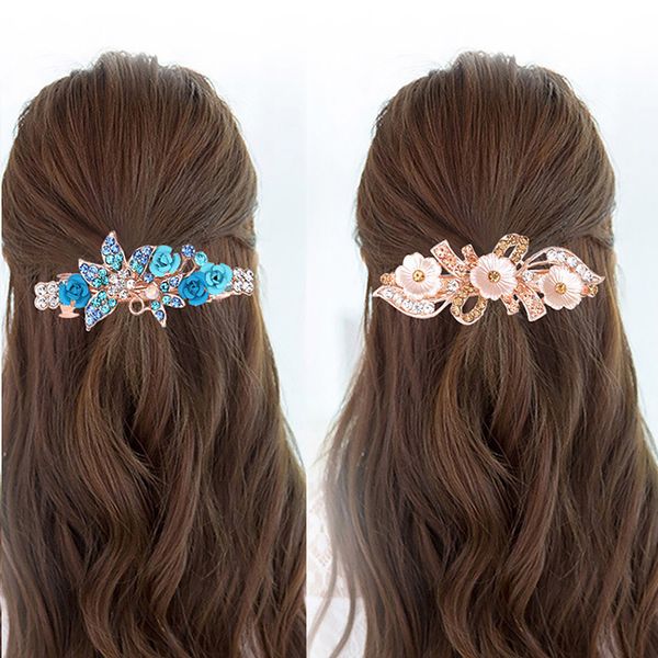 

crystal rhinestone hairpin bow knot flower spring clip headdress woman's hair accessories elegant hair clips barrette jewelry, Golden;white