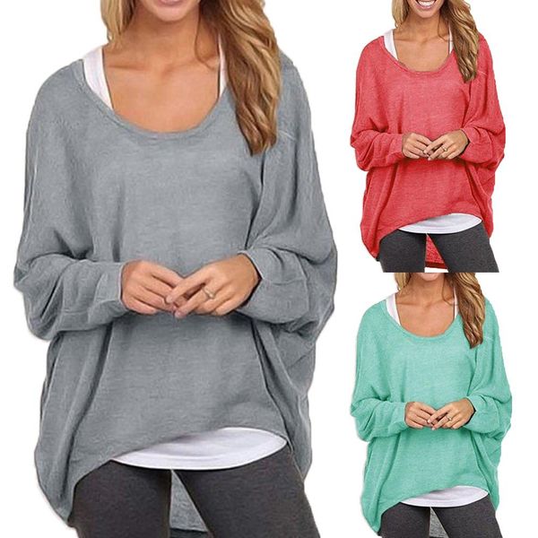 

fashion women round neck long sleeve solid color loose pullover blouse top, White