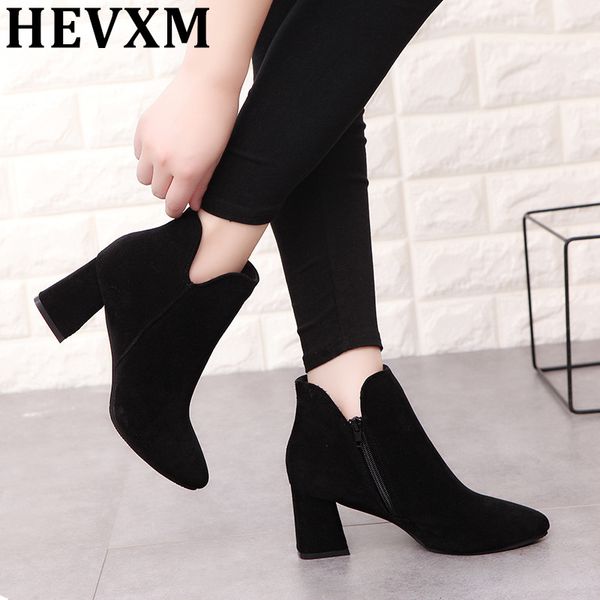 

hevxm 2018 new autumn and winter fashion pointed boots suede high-heeled booties woman bare boots botas mujer, Black