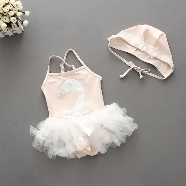 

cute swan lace girls swimwear one piece suits kids swimsuit with swimming cap baby girl two pieces suit swim wear for children
