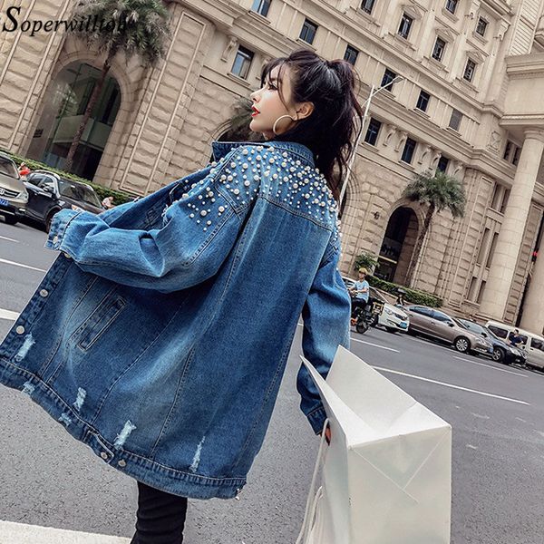 

2019 fashion denim jacket pearl beading frayed loose women jean coat vintage long coat hole lady plus size hole wash blue dm4, Black;brown