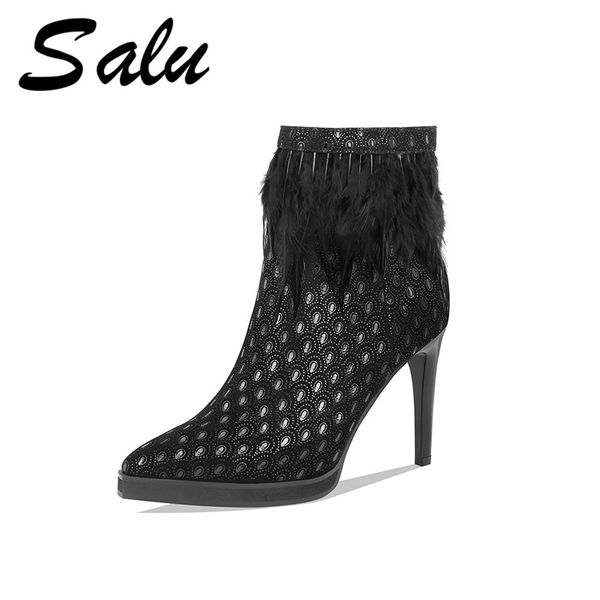 

salu fashion brand boots women thin high heels pointed toe party wedding shoes woman zipper ladies short basic ankle boots, Black